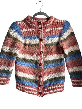 VTG Huo Feng Pai Striped Chunky Hand-Knit Wool Blend Cardigan Preppy